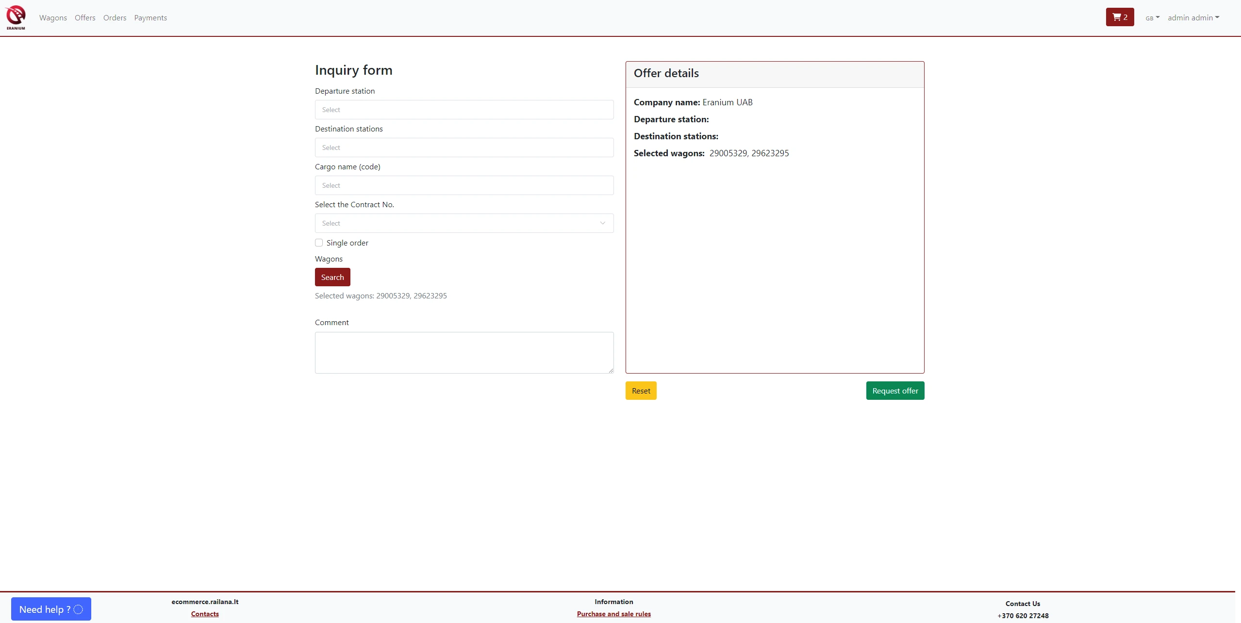 When renting a wagon, you need to choose the departure station, cargo code, price, and currency